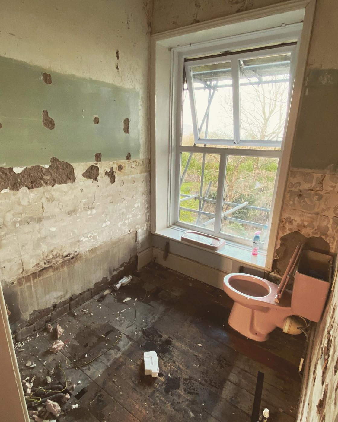 The bathroom stripped back, plaster off, lone toilet